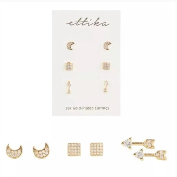 BNWT Ettika Moon, Arrow & Square Crystal 18k Gold Plated Stud Set - Picture 3 of 8